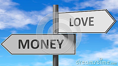 Money and love as a choice - pictured as words Money, love on road signs to show that when a person makes decision he can choose Cartoon Illustration