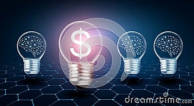 Money making idea dollar symbol a light bulb with a brain inside thinking of earning money Stock Photo