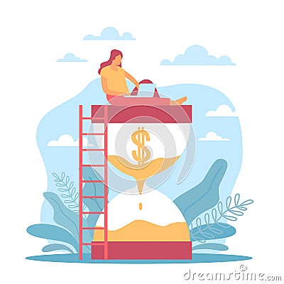 Money management, time and expenditure of funds. Woman sitting on hourglass with laptop, dollar sign. Investment and Vector Illustration
