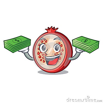 With money mascot half of fresh pomegranate fruits Vector Illustration
