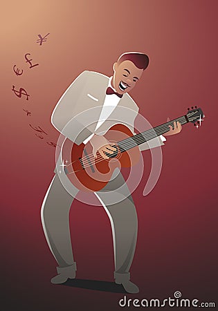 Money Melody. Guitar player playing a song that sounds like money Stock Photo