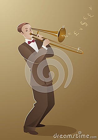 Money Melody. Trombone player playing a song that sounds like mo Stock Photo