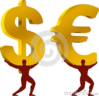 Money mythological atlas. Strong man supporting dollar and euro Cartoon Illustration