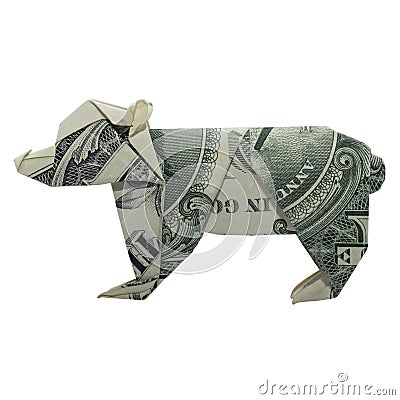 Money Origami BEAR Animal Cub Real One Dollar Bill Isolated on White Background Stock Photo
