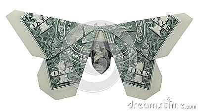 Money Origami BUTTERFLY Real One Dollar Bill Isolated on White Background Stock Photo