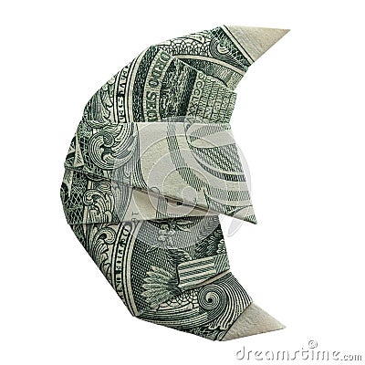 Money Origami Crescent Half MOON Folded with Real One Dollar Bill Isolated on White Background Stock Photo