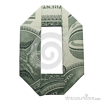 Money Origami DIGIT 0 LETTER O Character Folded with Real One Dollar Bill Isolated on White Stock Photo