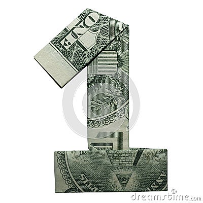 Money Origami DIGIT 1 Number Real One Dollar Bill Isolated on White Background Stock Photo
