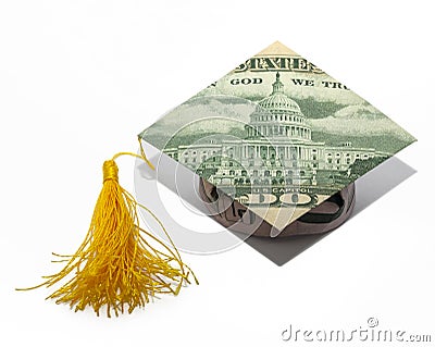 Money Origami Graduation CAP Folded with Real 50 Dollars Bill Isolated Stock Photo