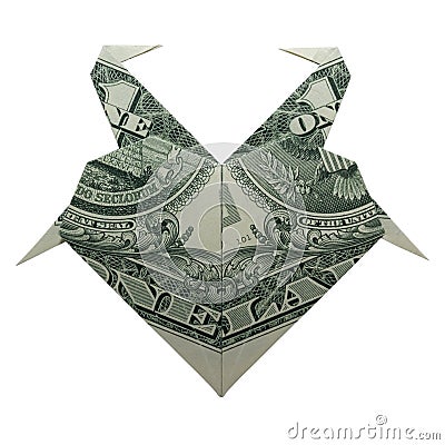 Money Origami HEART with Flamingos Folded with Real One Dollar Bill Isolated Stock Photo