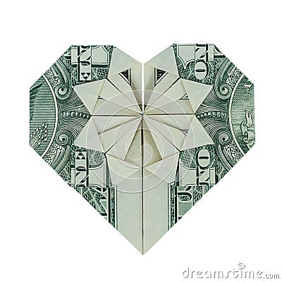 Money Origami HEART Real One Dollar Bill Isolated on White Stock Photo