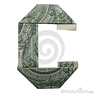 Money Origami LETTER C Character Real One Dollar Bill Isolated on White Background Stock Photo