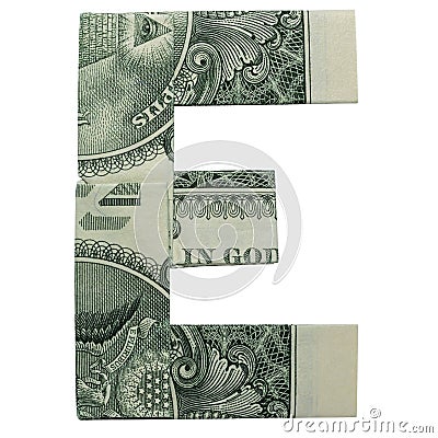 Money Origami LETTER E Character Folded with Real One Dollar Bill Isolated on White Background Stock Photo