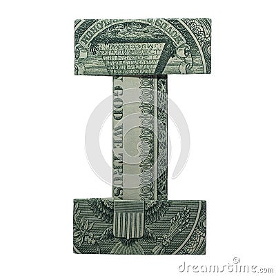 Money Origami LETTER I Character Real One Dollar Bill Isolated on White Background Stock Photo