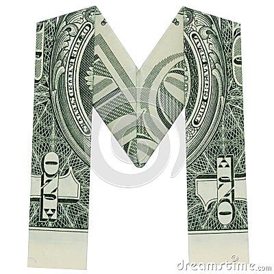 Money Origami LETTER M Character Folded with Real One Dollar Bill Isolated on White Background Stock Photo