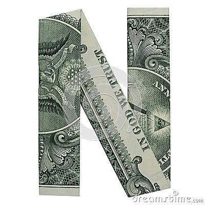 Money Origami LETTER N Folded with Real One Dollar Bill Isolated on White Stock Photo