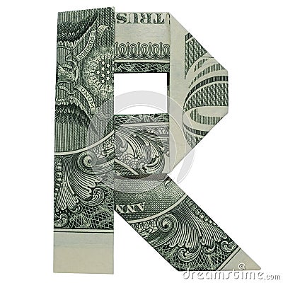 Money Origami LETTER R Character Folded with Real One Dollar Bill Isolated on White Background Stock Photo