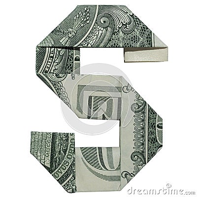 Money Origami LETTER S Character Folded with Real One Dollar Bill Isolated on White Background Stock Photo