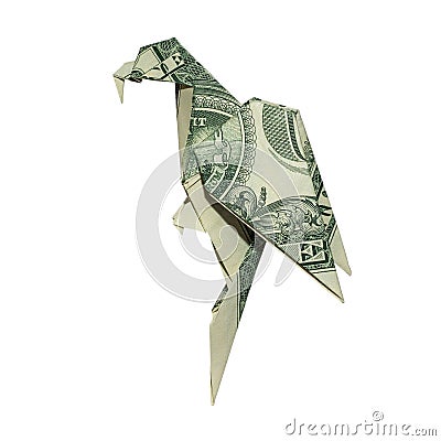 Money Origami PARROT Folded with Real One Dollar Bill Stock Photo