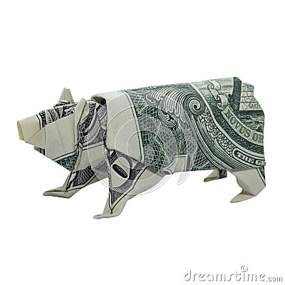 Money Origami Polar BEAR Animal Real One Dollar Bill Isolated on White Background Stock Photo