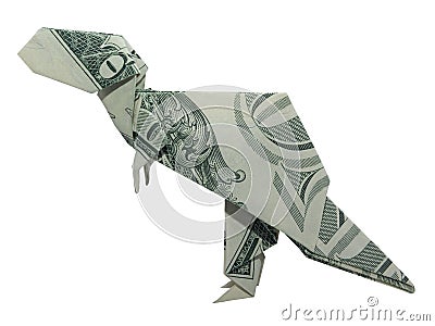 Money Origami T-Rex Tyrannosaurus Dinosaur Folded with Real One Dollar Bill Stock Photo