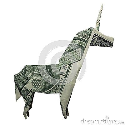 Money Origami UNICORN Mystic Animal Real One Dollar Bill Isolated on White Background Stock Photo