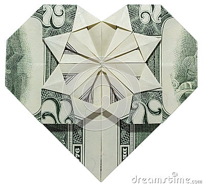 Money Origami Valentines Day HEART Folded with Real Two Dollars Bill Isolated on White Background Stock Photo