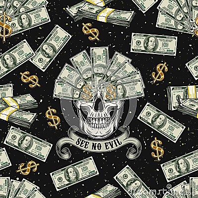 Money pattern with skull with fan of dollar bills Vector Illustration