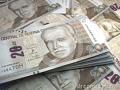Peruvian money. Peruvian sol banknotes. 20 PEN soles bills Stock Photo