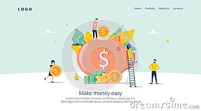 Money Pig Saving for Profit Landing Page. Finance Deposit Earning with Coin Icon. Symbol of Financial Investment Vector Illustration