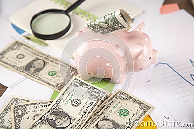 Money with piggy bank on the document Stock Photo