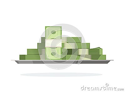 Money pile on tray vector illustration, flat cartoon paper cash big heap or stack, idea of giving loan or credit, prize Vector Illustration