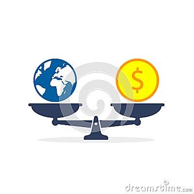 Money and planet globe on scales. Cartoon flat vector concept illustration isolated on white background Vector Illustration