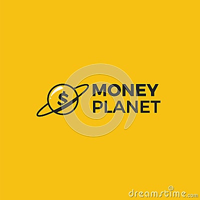 Money planet logo. Gold dollar coin in finance space. Vector Illustration