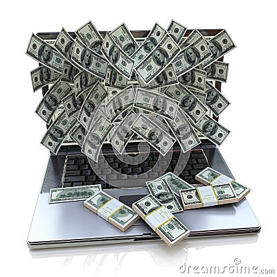 Money pouring out from laptop Stock Photo