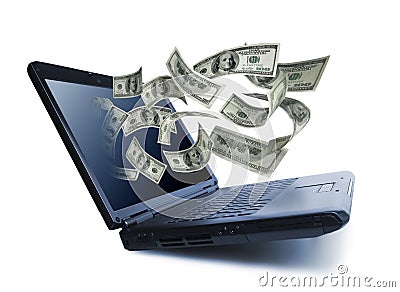Money pouring out from a notebook computer Stock Photo