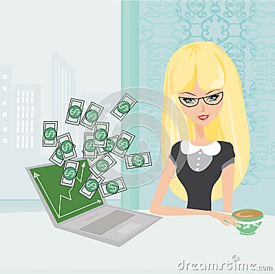 Money pouring out from a notebook computer Vector Illustration