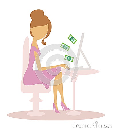 Money pouring out from a notebook computer - online work girl Vector Illustration