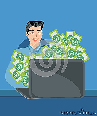 Money pouring out from a notebook computer Vector Illustration