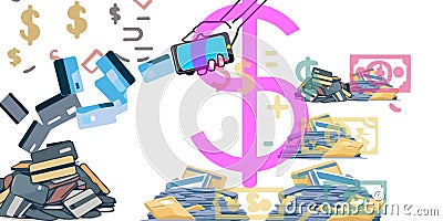 Money pouring out of smartphone as credit cards falling out vector graphics Stock Photo