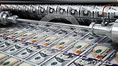 Money printing machine printing 100 dollar banknotes. 3D illustration Cartoon Illustration