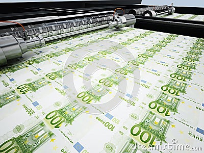 Money printing machine printing 100 euro banknotes. 3D illustration Cartoon Illustration