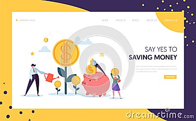 Money Profit Grow Business Landing Page. Investment Financial Concept. People Increasing Capital and Watering Tree Vector Illustration