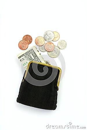 Money. Purse with one dollar and coins Stock Photo