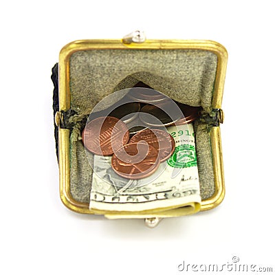 Money. Purse with one dollar and coins Stock Photo