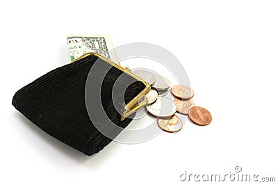 Money. Purse with one dollar and coins Stock Photo