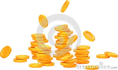 Money rain background with stacks of gold coins Cartoon Illustration