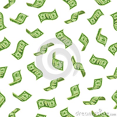 Money rain. Falling dollars denominations, raining cash banknotes or flying dollar banknote. Wealth abundance seamless Vector Illustration