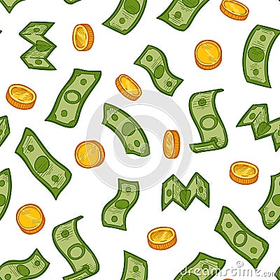 Money rain pattern. Green dollar banknotes and gold coins falling down. Financial crisis, recession business concept Vector Illustration