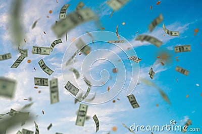 Money raining and falling down from sky. 3D rendered illustration Cartoon Illustration